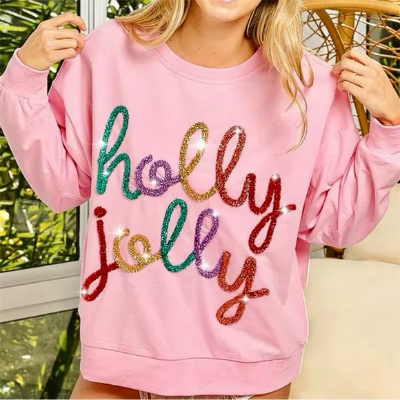 “HOLLY JOLLY” Christmas Sequin Letter Sweatshirt Holiday Long Sleeve Sweater - Picture 3 of 5